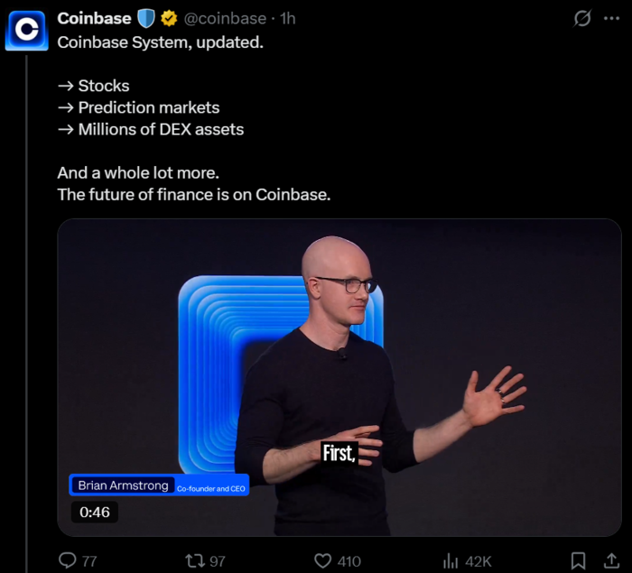 [뉴스] 코인베이스, 주식·예측시장까지 삼켰다…‘금융 슈퍼 앱’ 선언