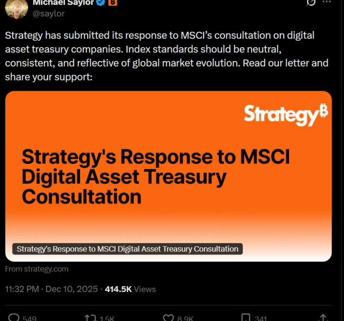 [뉴스] “비트코인 기업 차별은 시대착오”… 세일러, MSCI ‘지수 퇴출’ 경고에 정면 반박