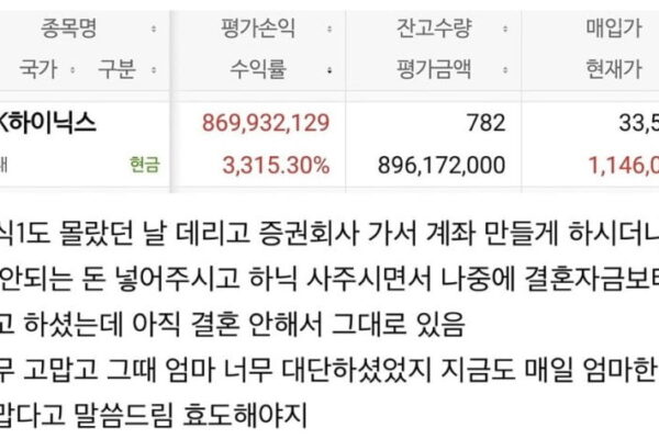 [뉴스] 엄마가 사준 3000만원 하이닉스 주식 9억 됐다…인증글 화제