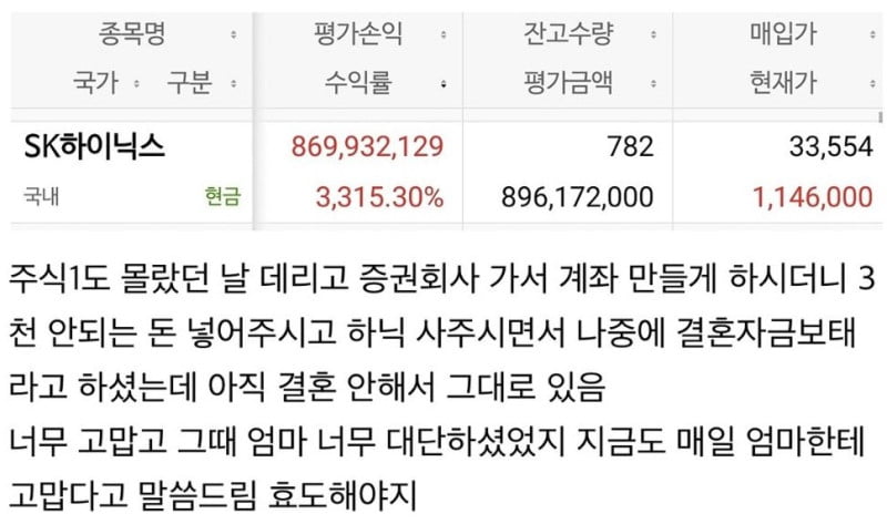 [뉴스] 엄마가 사준 3000만원 하이닉스 주식 9억 됐다…인증글 화제